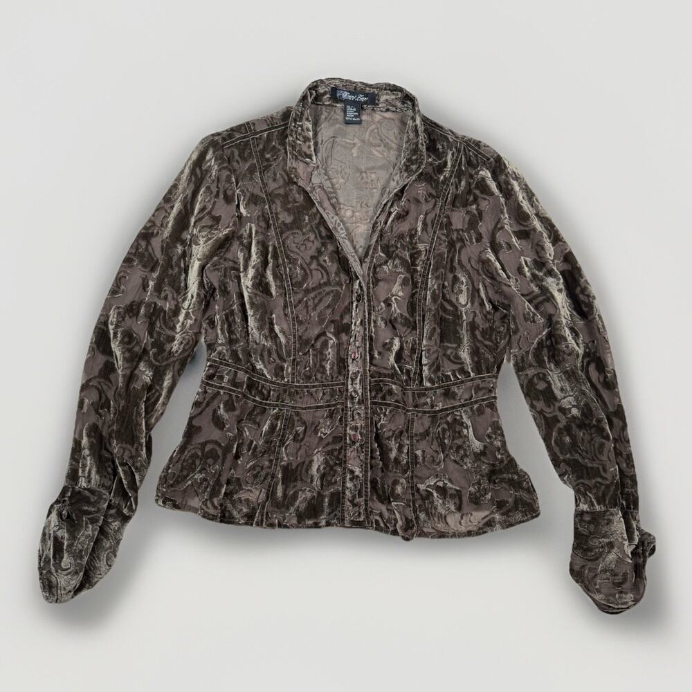 VTG Y2K Velvet Burnout Brown Top Button Silk Blend Nicole Benisti Blouse Size XL
